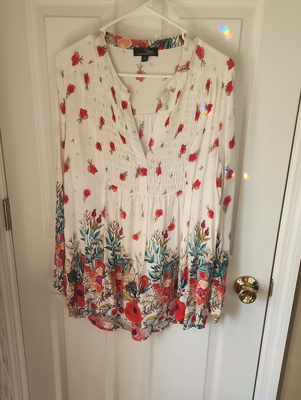 Floral White Peasant Tunic with Red Poppy Floral Border